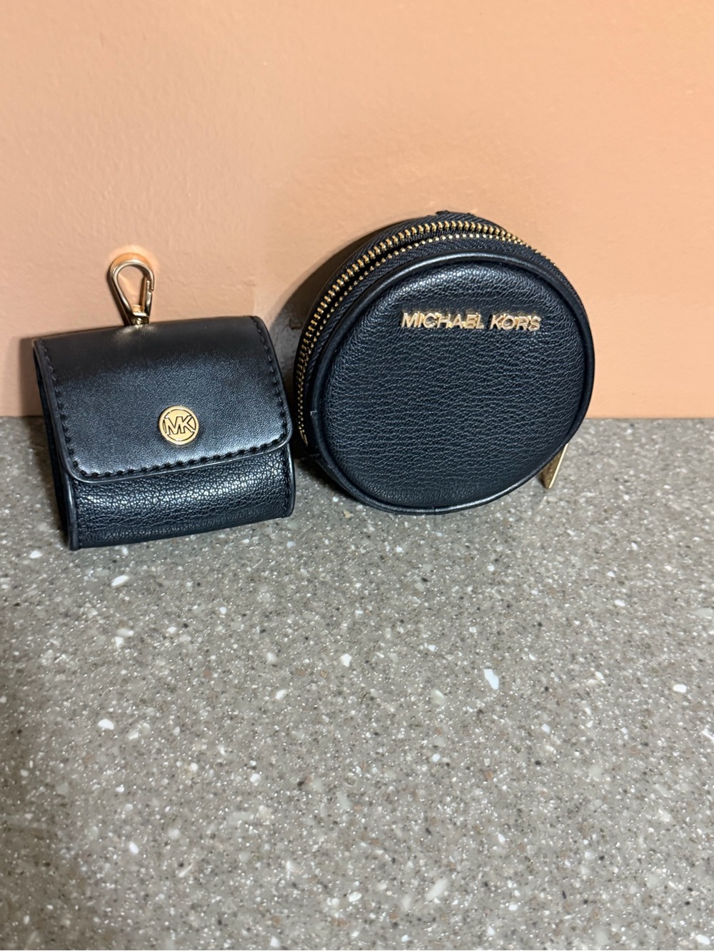 Michael Kors Black Leather Round Coin Case & Keyring Pouch with Gold Hardware